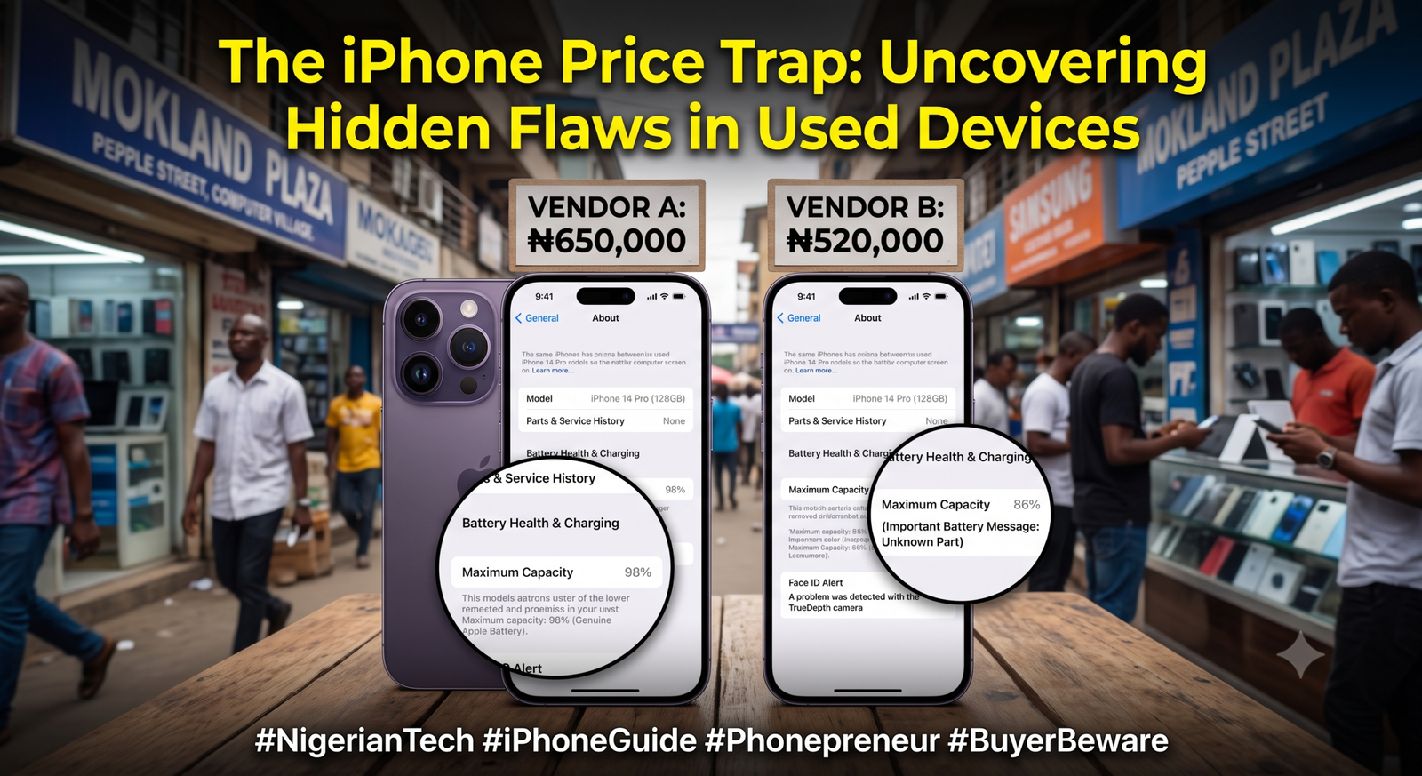 Why Are Some iPhones So Cheap The Whole Truth 2 - The Phonepreneur Global Two iPhones on a wooden table with price signs above, in a busy Nigerian market storefront with a bold headline about iPhone price traps.