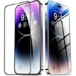 Two iPhones with curved edge screens standing side by side, surrounded by three transparent screen protectors.