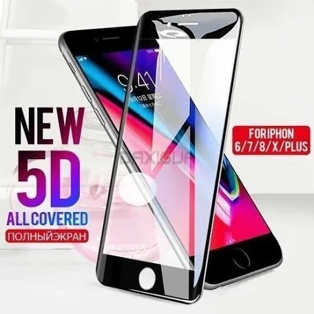 Marketing image advertising 'NEW 5D ALL COVERED' screen protectors for iPhone, showing two phones with edge-to-edge tempered glass