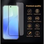img_8243 - The Phonepreneur Global Smartphone with a glass screen protector shown beside a list of features: bubble-free, fingerprint work, 3D surface, high transparency, waterproof, anti-scratch, delicate touch, and case friendly, on a dark background.