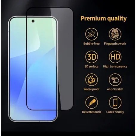 Smartphone with a glass screen protector shown beside a list of features: bubble-free, fingerprint work, 3D surface, high transparency, waterproof, anti-scratch, delicate touch, and case friendly, on a dark background.
