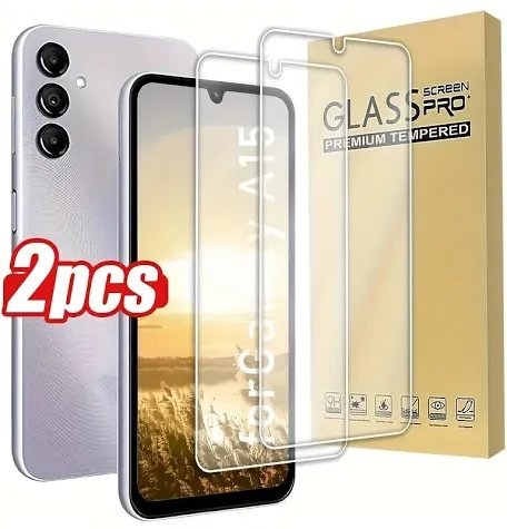 Two clear tempered glass screen protectors for a smartphone, shown with a silver phone and a box labeled Glass Pro.