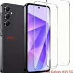 img_8249 - The Phonepreneur Global Phone with two clear screen protectors for Galaxy A55 5G, showing triple-camera back side and protective layers