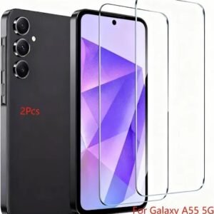 img_8249 - The Phonepreneur Global Phone with two clear screen protectors for Galaxy A55 5G, showing triple-camera back side and protective layers