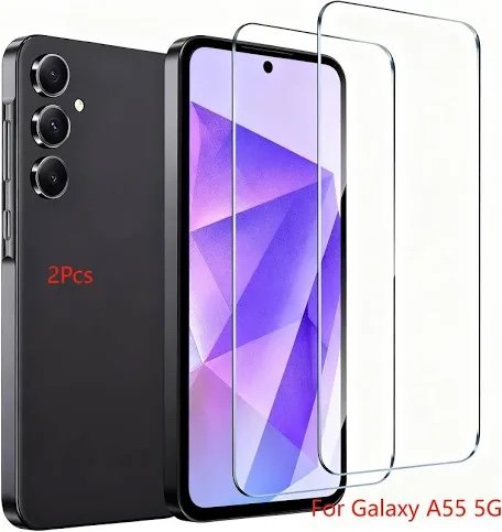 Phone with two clear screen protectors for Galaxy A55 5G, showing triple-camera back side and protective layers
