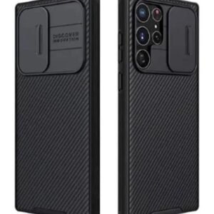 Black carbon‑fiber textured smartphone case with a built‑in kickstand on the back, shown around a multi‑lens camera setup on the phone/side view. Improvements: None needed.