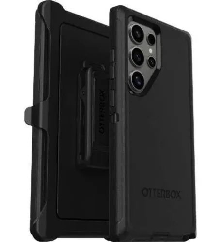Rugged black OtterBox phone case with built-in kickstand, shown from back and side view.