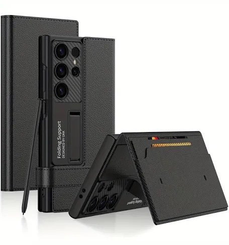 img_8281 - The Phonepreneur Global Black leather foldable wallet phone case with built-in kickstand and stylus, shown with a multi-lens smartphone.