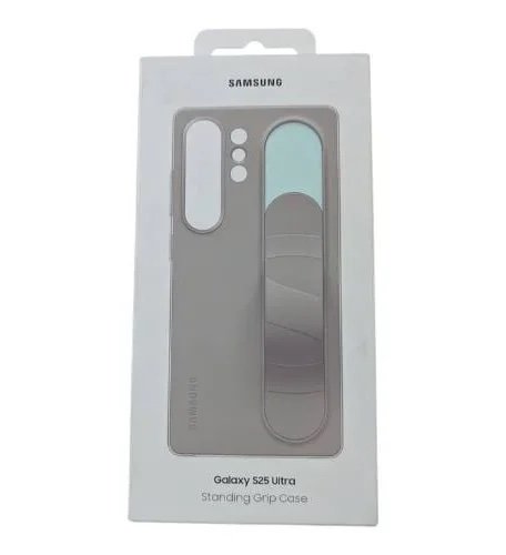 Boxed Samsung Galaxy S25 Ultra standing grip case packaging with a gray case image on the front panel on white background.