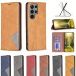img_8283 - The Phonepreneur Global Collection of brown, blue, gray, red, and yellow leather wallet phone cases with geometric stitching and flip cover, shown with a phone and stand/stand-up view on the right.