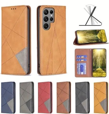 img_8283 - The Phonepreneur Global Collection of brown, blue, gray, red, and yellow leather wallet phone cases with geometric stitching and flip cover, shown with a phone and stand/stand-up view on the right.