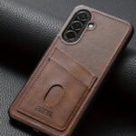 img_8284 - The Phonepreneur Global Back of a brown leather wallet-style phone case with a card slot beside a triple-camera phone on a dark textured surface.