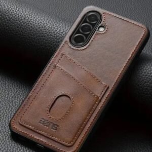 img_8284 - The Phonepreneur Global Back of a brown leather wallet-style phone case with a card slot beside a triple-camera phone on a dark textured surface.