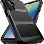 img_8285 - The Phonepreneur Global Rugged black phone case with textured back and reinforced corners around a smartphone with triple cameras.
