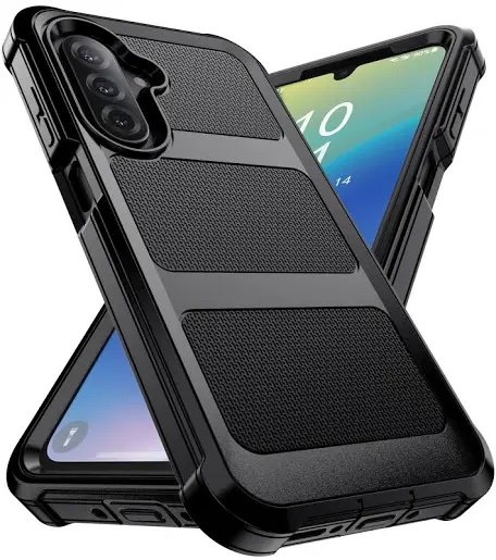 img_8285 - The Phonepreneur Global Rugged black phone case with textured back and reinforced corners around a smartphone with triple cameras.