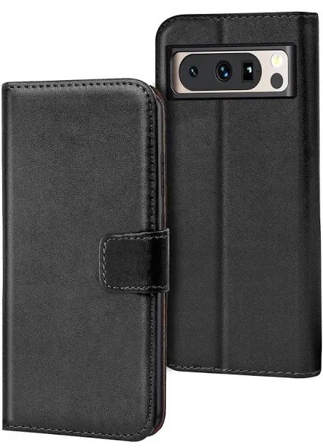 Black leather folio phone case with magnetic clasp, shown closed and back view with camera cutout for a Samsung Galaxy phone