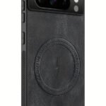 img_8287 - The Phonepreneur Global Phone with a textured black leather-style case featuring a circular magnetic mount on the back, near the center, and a camera bar at the top edge