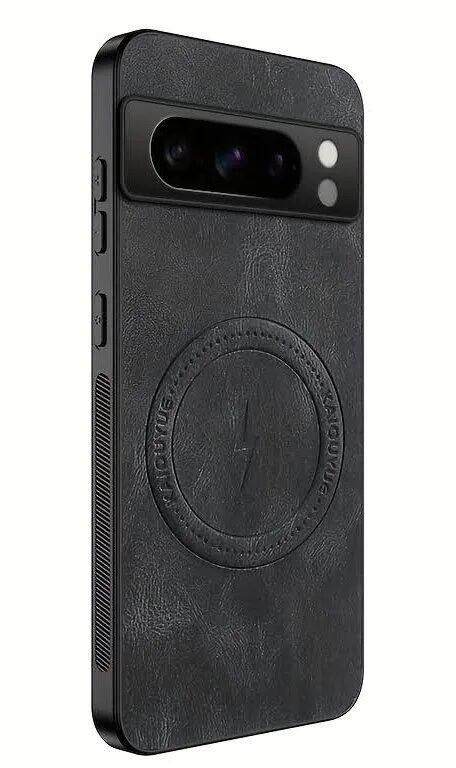 Black leather folio phone case with magnetic clasp, shown closed and back view with camera cutout for a Samsung Galaxy phone