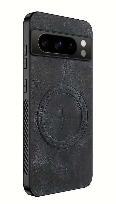 img_8287 - The Phonepreneur Global Phone with a textured black leather-style case featuring a circular magnetic mount on the back, near the center, and a camera bar at the top edge