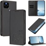 img_8288 - The Phonepreneur Global Black leather wallet phone case with butterfly engraving, shown from back and front, including camera cutout and stitched edges.