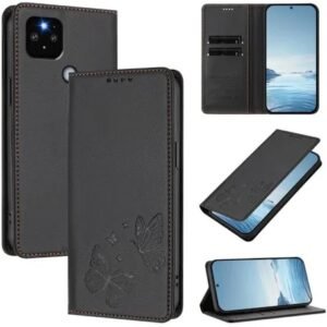 img_8288 - The Phonepreneur Global Black leather wallet phone case with butterfly engraving, shown from back and front, including camera cutout and stitched edges.