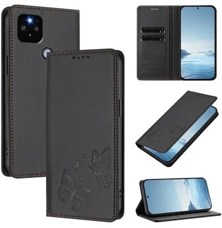 Black leather wallet phone case with butterfly engraving, shown from back and front, including camera cutout and stitched edges.