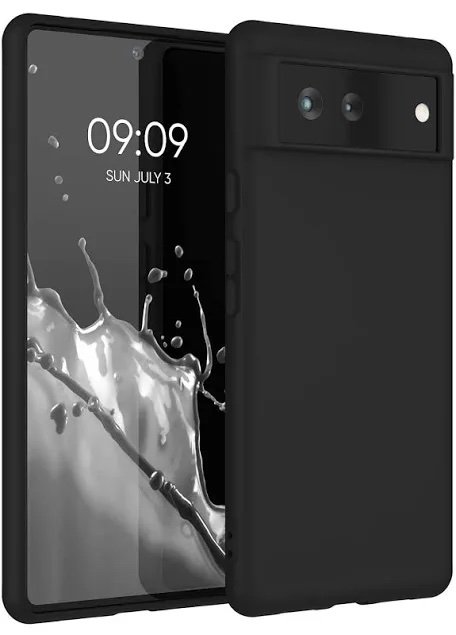 Front and back view of a black protective phone case around a smartphone; screen shows 09:09 and SUN JULY 3 with splash wallpaper, back shows dual cameras.