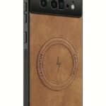 img_8291 - The Phonepreneur Global Back view of a smartphone in a brown leather-textured case, showing a multi-lens camera module and a circular embossed logo with a lightning bolt.