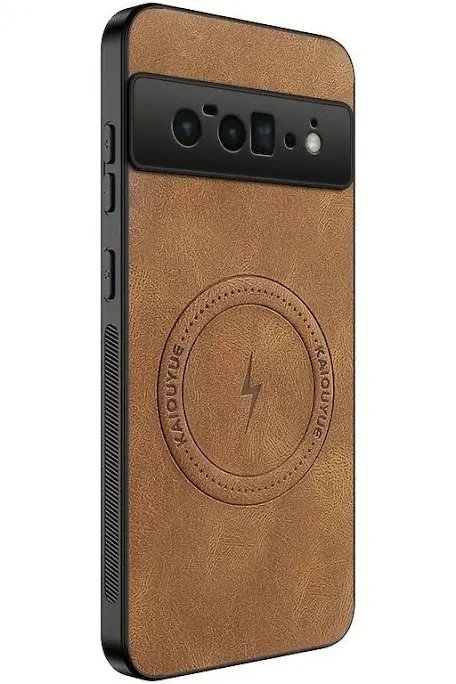 img_8291 - The Phonepreneur Global Back view of a smartphone in a brown leather-textured case, showing a multi-lens camera module and a circular embossed logo with a lightning bolt.