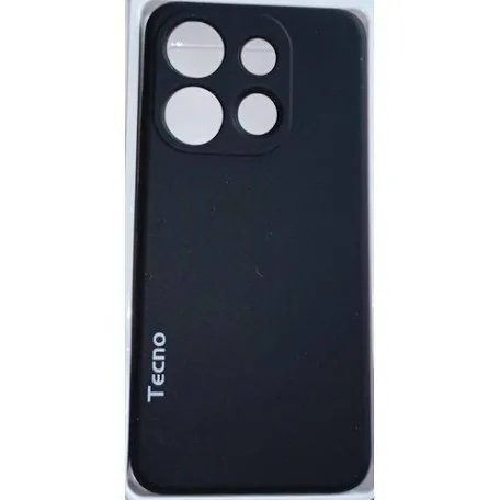 Rear view of a black Tecno smartphone with a quad-camera module in the top-left corner of the back panel.