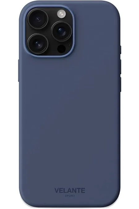 Blue Velante Sport protective phone case on a smartphone, showing a triple-camera module at top-left and branding at the bottom.