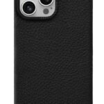 img_8337 - The Phonepreneur Global Black textured leather iPhone case with triple-camera cutout and MAISON de SABRÉ logo at the bottom.