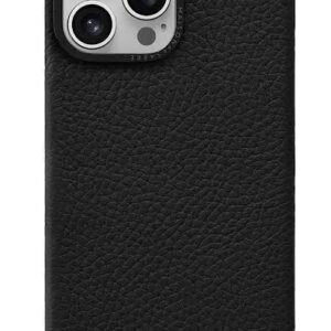 img_8337 - The Phonepreneur Global Black textured leather iPhone case with triple-camera cutout and MAISON de SABRÉ logo at the bottom.