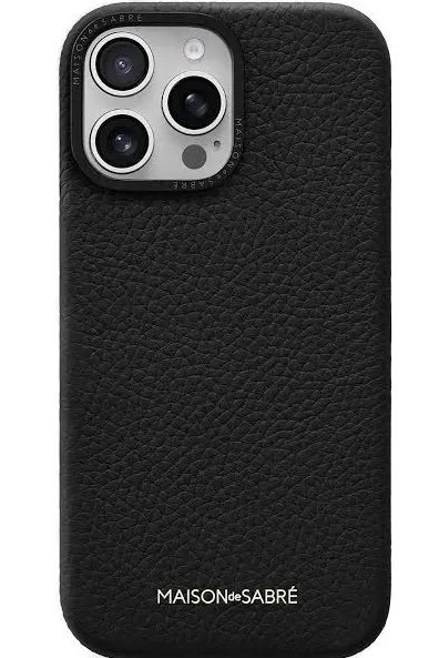 Black textured leather iPhone case with triple-camera cutout and MAISON de SABRÉ logo at the bottom.