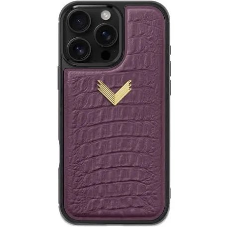 img_8339 - The Phonepreneur Global Purple crocodile-textured iPhone case with a gold chevron emblem on a black bumper edge