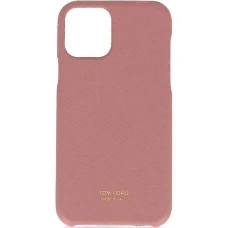 Pink Tom Ford iPhone case with a large camera cutout at the top-left and a subtle gold Tom Ford logo at the bottom.