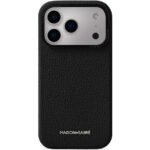 img_8343 - The Phonepreneur Global Back view of an iPhone in a black textured leather case with a triple-camera module; MAISON de SABRÉ logo visible.