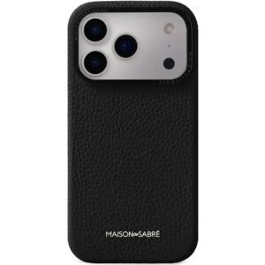 img_8343 - The Phonepreneur Global Back view of an iPhone in a black textured leather case with a triple-camera module; MAISON de SABRÉ logo visible.
