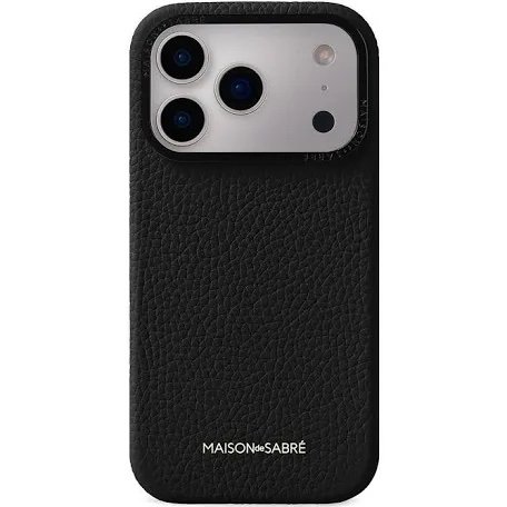 Back view of an iPhone in a black textured leather case with a triple-camera module; MAISON de SABRÉ logo visible.