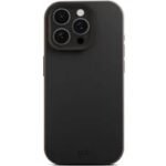 Black smartphone with a protective case, showing a triple-camera module in the top-left corner of the back.