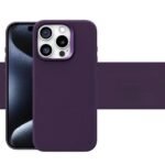 img_8346 - The Phonepreneur Global Purple leather phone case on an iPhone with a triple-camera back, set against a purple stripe background.
