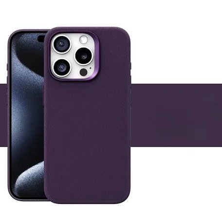 Purple leather phone case on an iPhone with a triple-camera back, set against a purple stripe background.