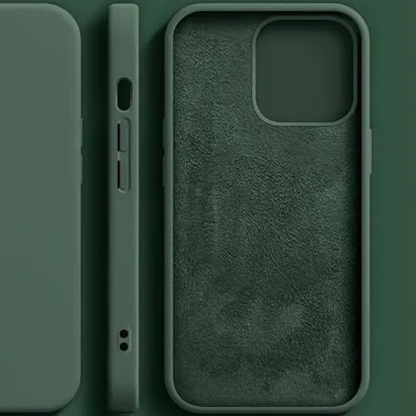 Green smartphone case shown from three angles: back with camera cutout, slim side with button openings, and the textured interior lining.