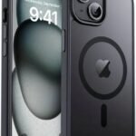 Dual‑camera iPhone in a protective MagSafe case, with 9:41 on the screen and the back showing the circular MagSafe ring.