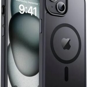 Dual‑camera iPhone in a protective MagSafe case, with 9:41 on the screen and the back showing the circular MagSafe ring.