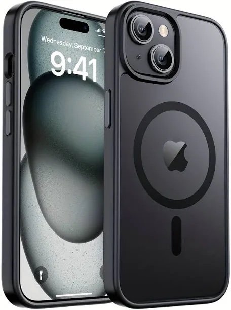 Dual‑camera iPhone in a protective MagSafe case, with 9:41 on the screen and the back showing the circular MagSafe ring.