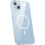 Transparent blue phone case for a smartphone, shown at an angle with a circular MagSafe ring on the back.