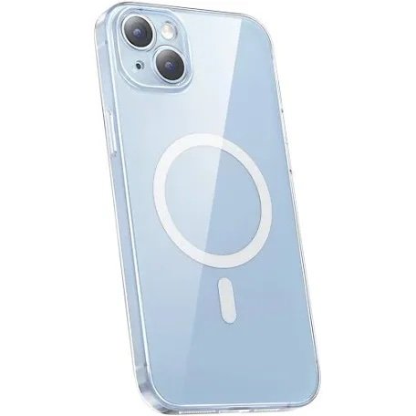 Transparent blue phone case for a smartphone, shown at an angle with a circular MagSafe ring on the back.