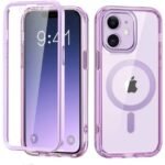 img_8357 - The Phonepreneur Global Purple protective phone case displayed on an iPhone, shown from both front and back with a circular logo design on the back.