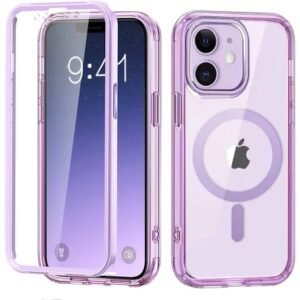img_8357 - The Phonepreneur Global Purple protective phone case displayed on an iPhone, shown from both front and back with a circular logo design on the back.